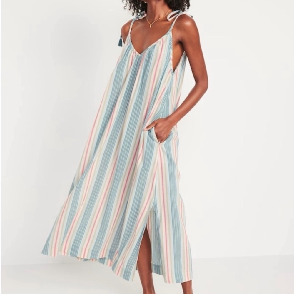 Old Navy Striped Maxi Swing Spring Summer Wedding Dress Tie Beach L - Picture 3 of 8